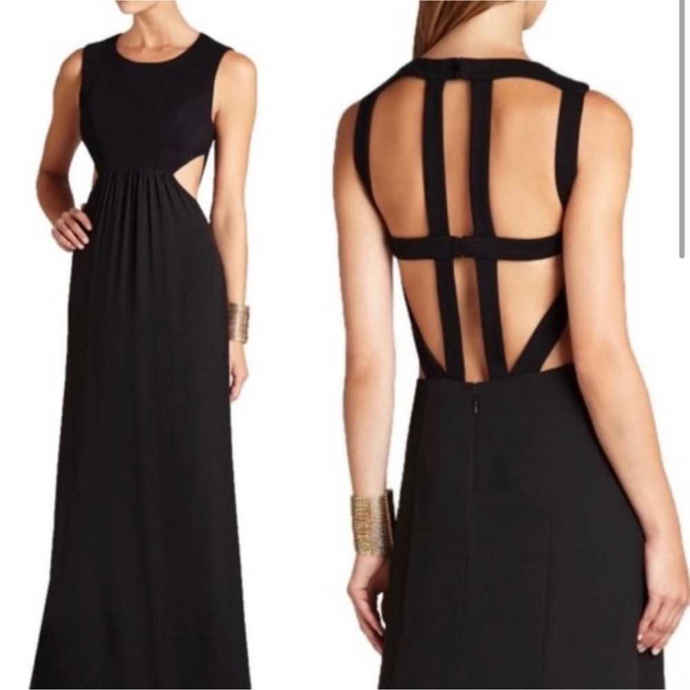 BCBGMAXAZRIA Angelinah Leather Contrast Cutout Gown